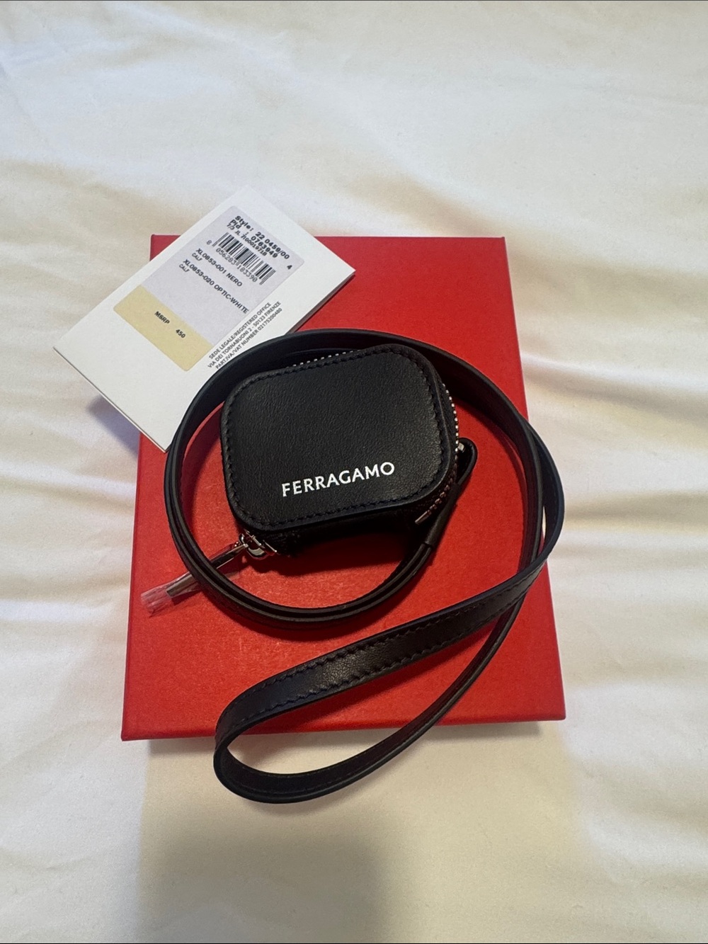 NWT & Box Salvatore Ferragamo Black Leather Mini Airpod Pouch with Strap
